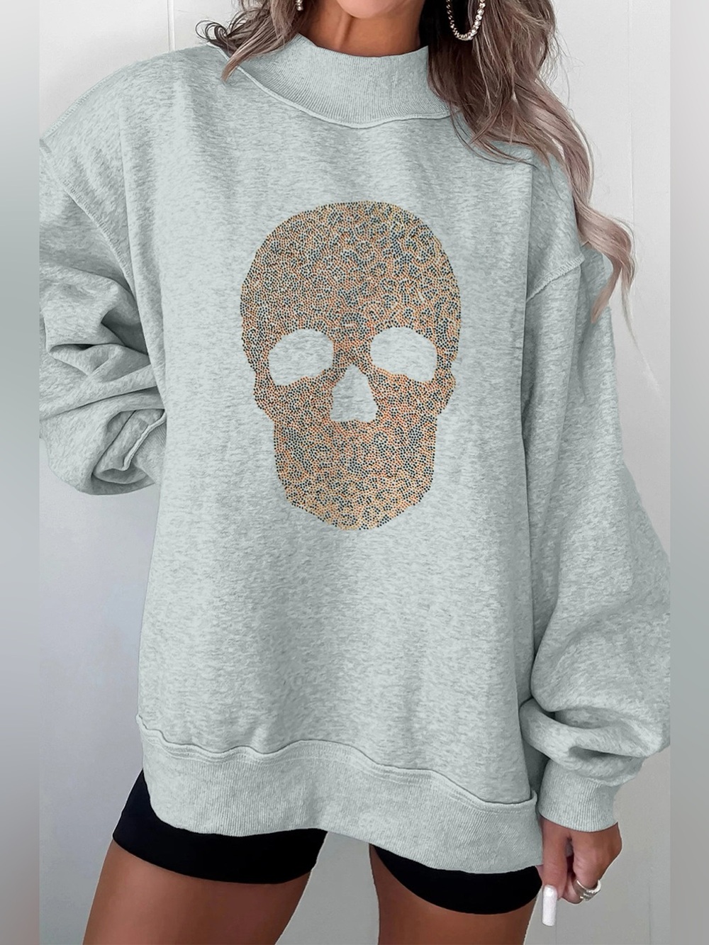 Halloween Rhinestone Skull Graphic Mock Neck Baggy Pullover Sweatshirt